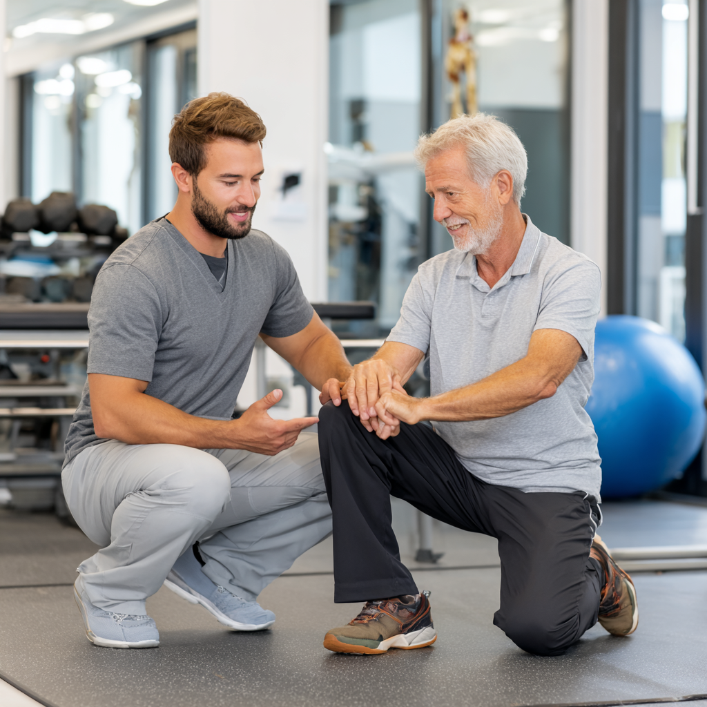 Група літніх людей європейської зовнішності в комфортному середовищі вивчає матеріали про здоров'я суглобів під керівництвом спеціаліста