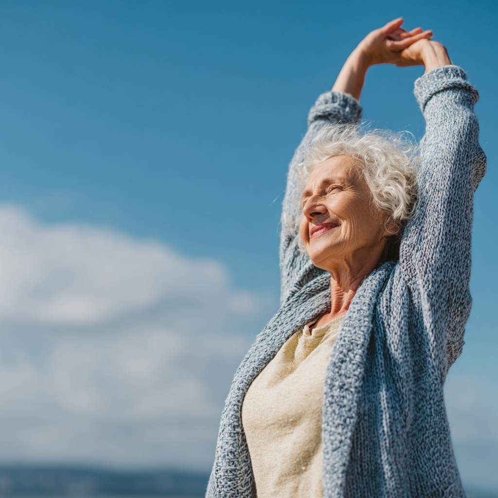 Активна літня жінка європейської зовнішності виконує легкі розтягувальні вправи для суглобів на природі, демонструючи здоровий спосіб життя та гнучкість