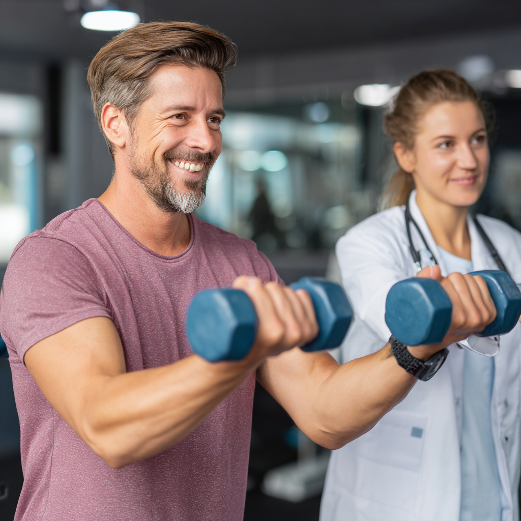 Досвідчений спеціаліст європейської зовнішності демонструє правильну техніку вправ для зміцнення суглобів в сучасному реабілітаційному центрі