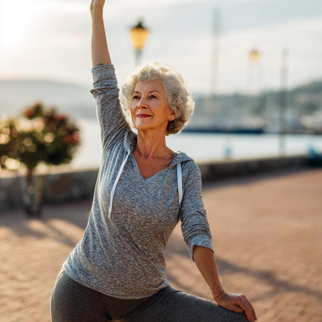 Літня пара європейської зовнішності разом виконує вправи для суглобів на свіжому повітрі, демонструючи активний та здоровий спосіб життя
